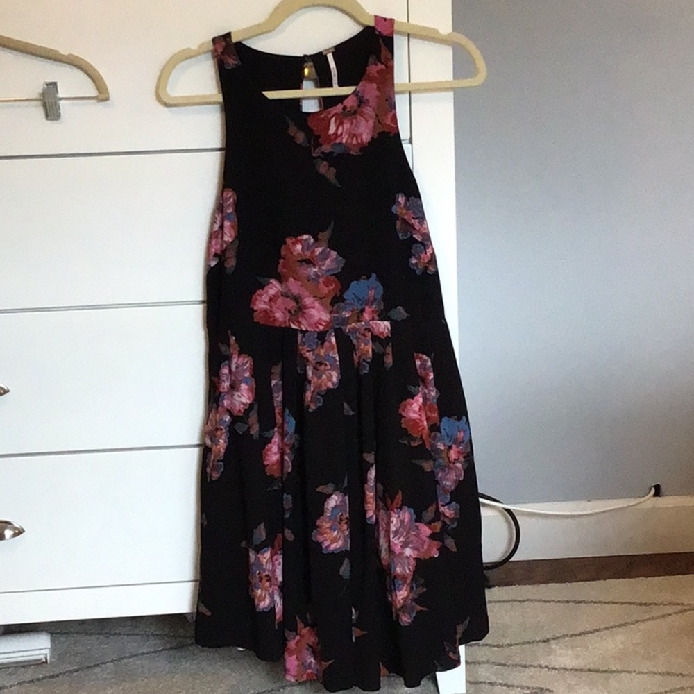 Free People Black Floral Halter Mini Dress with Pink and Blue Blooms